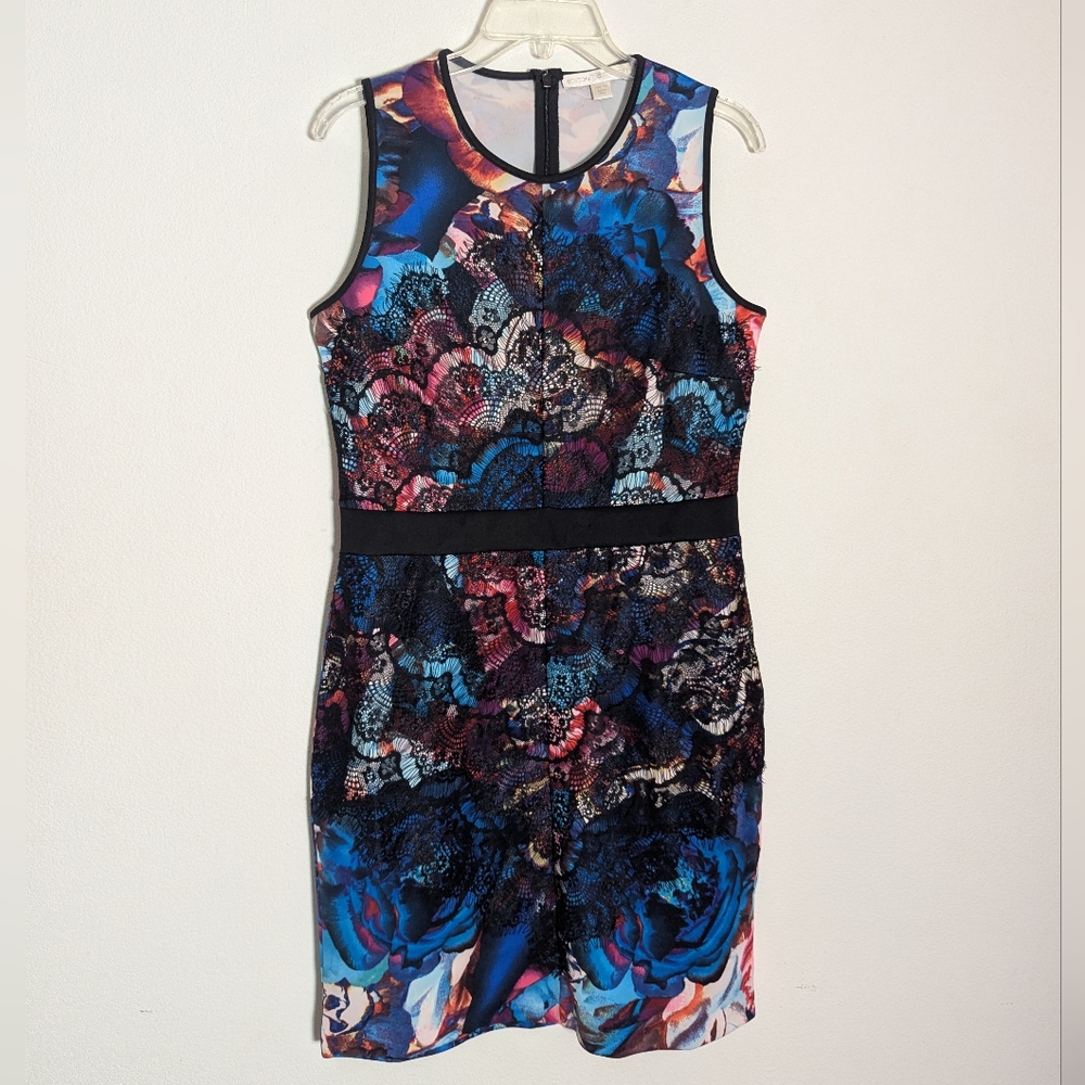 Boston Proper Women's Dress Colorful Bright Floral Black Lace Whimsigoth Size 10